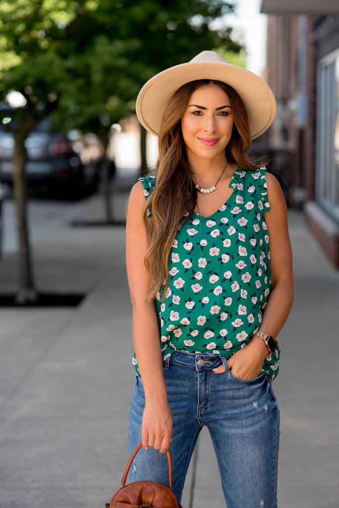 Floating Floral Ruffle Accent V Tank - Betsey's Boutique Shop