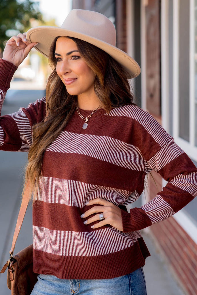 Rib Trimmed Stitched Line Sweater - Betsey's Boutique Shop -