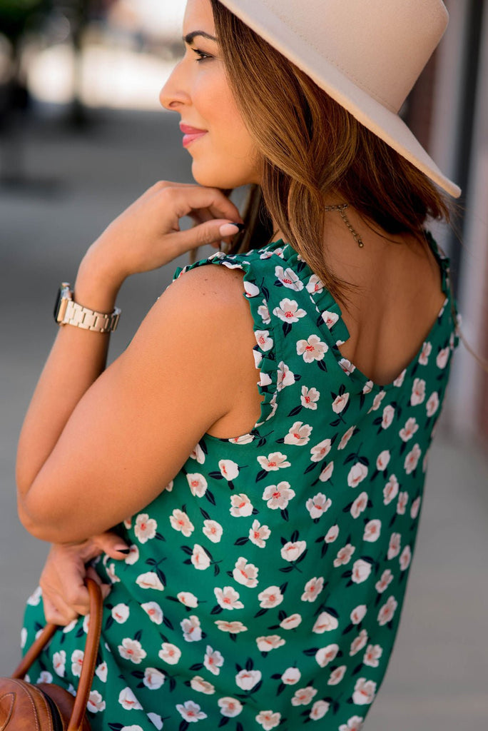 Floating Floral Ruffle Accent V Tank - Betsey's Boutique Shop