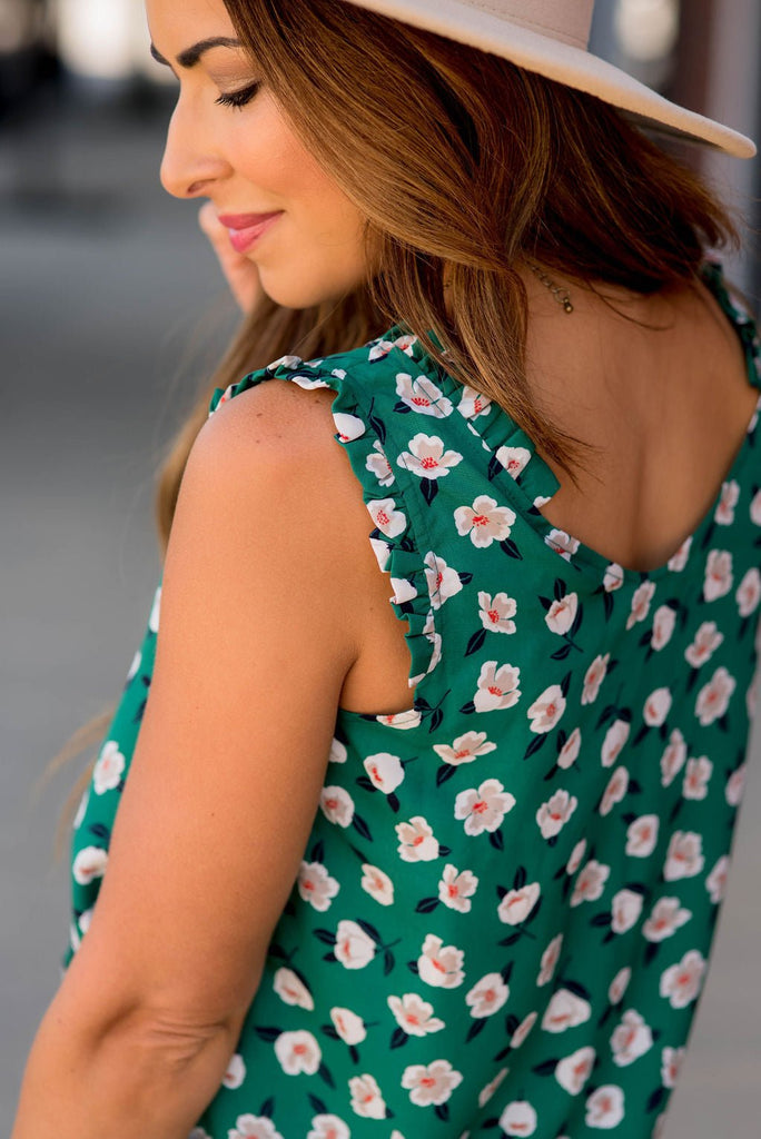 Floating Floral Ruffle Accent V Tank - Betsey's Boutique Shop