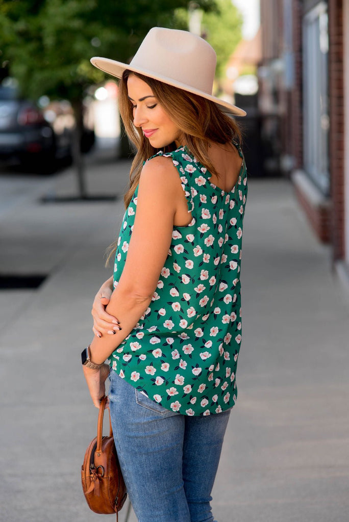 Floating Floral Ruffle Accent V Tank - Betsey's Boutique Shop