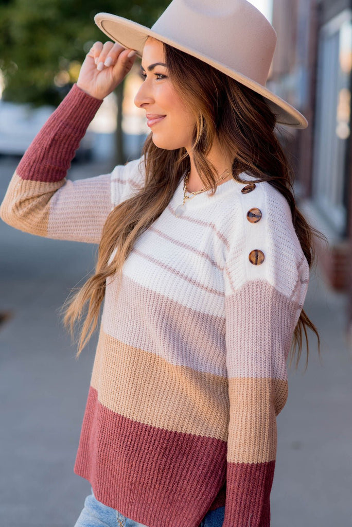 Mixed Stripes Button Shoulder Sweater - Betsey's Boutique Shop -