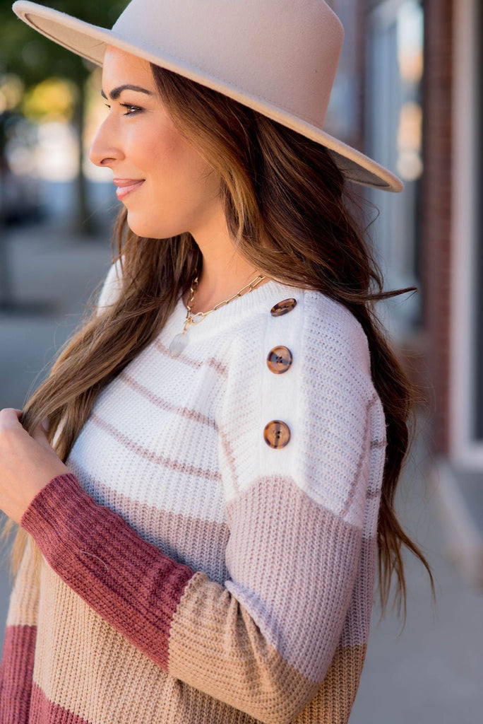 Mixed Stripes Button Shoulder Sweater - Betsey's Boutique Shop -