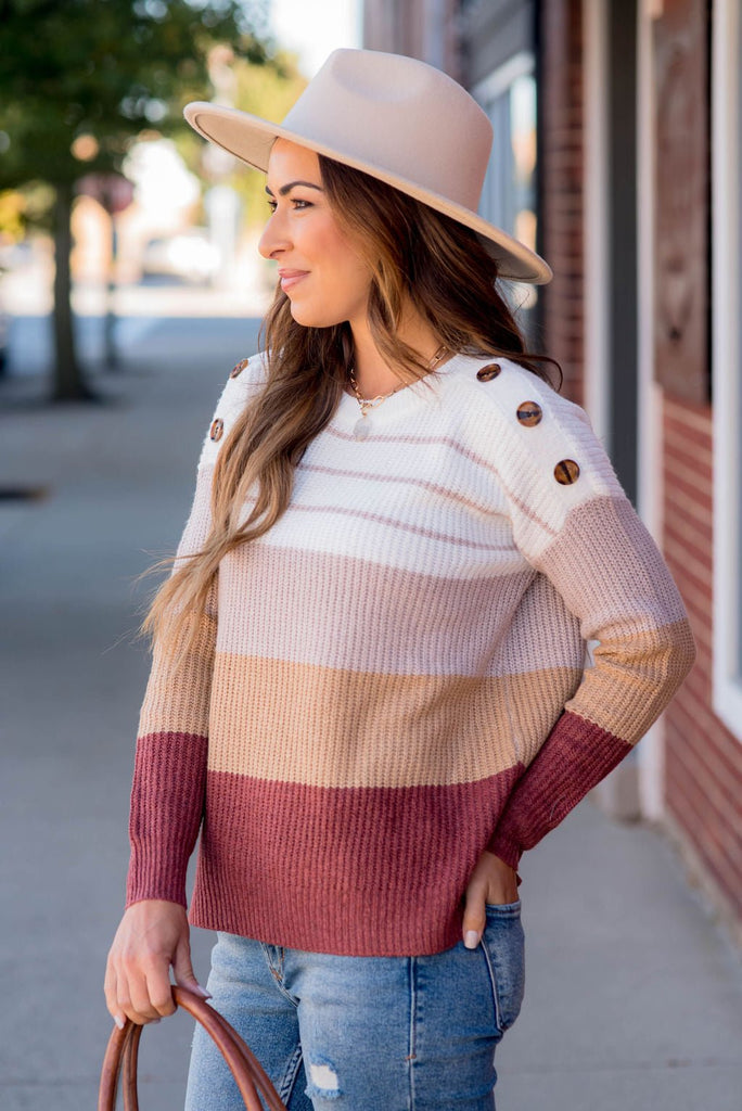 Mixed Stripes Button Shoulder Sweater - Betsey's Boutique Shop -