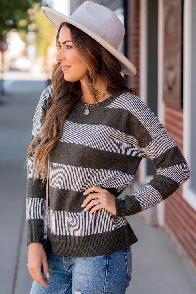 Rib Trimmed Stitched Line Sweater - Betsey's Boutique Shop -