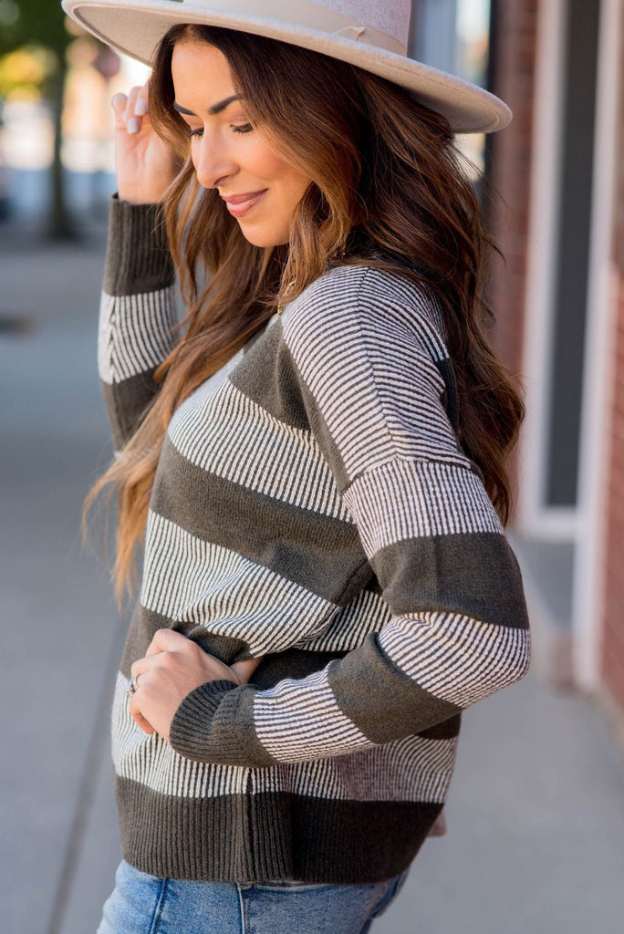 Rib Trimmed Stitched Line Sweater - Betsey's Boutique Shop -