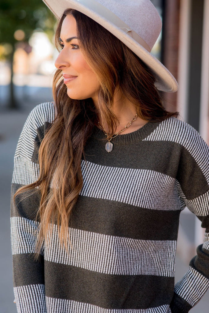 Rib Trimmed Stitched Line Sweater - Betsey's Boutique Shop -