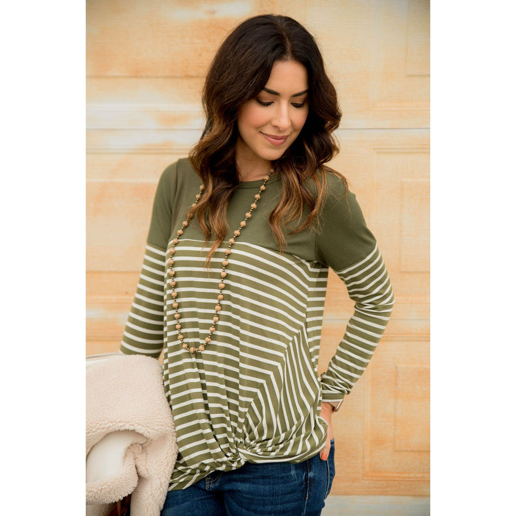 Striped Thermal Top Side Knot Tee - Betsey's Boutique Shop - Shirts & Tops