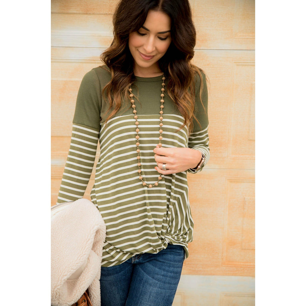 Striped Thermal Top Side Knot Tee - Betsey's Boutique Shop - Shirts & Tops