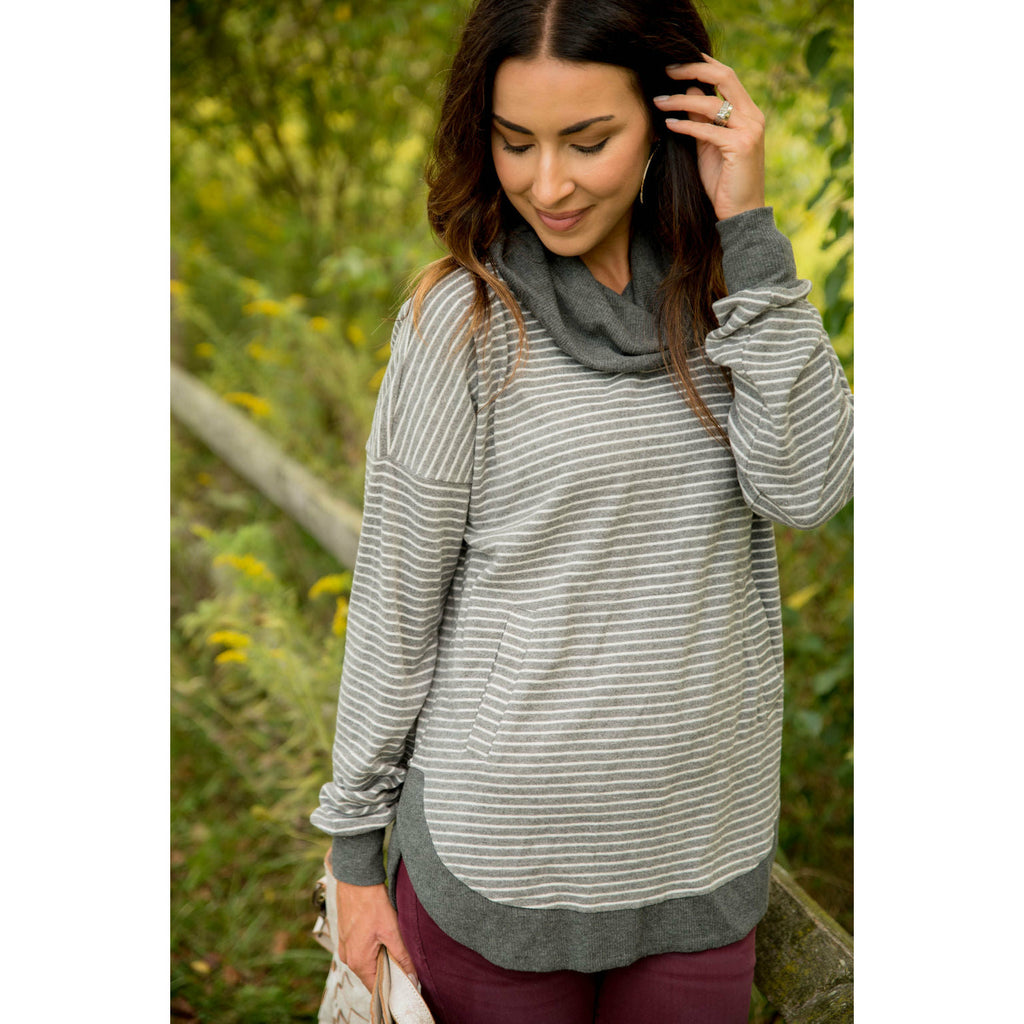 Solid Trimmed Striped Cowl Neck - Betsey's Boutique Shop