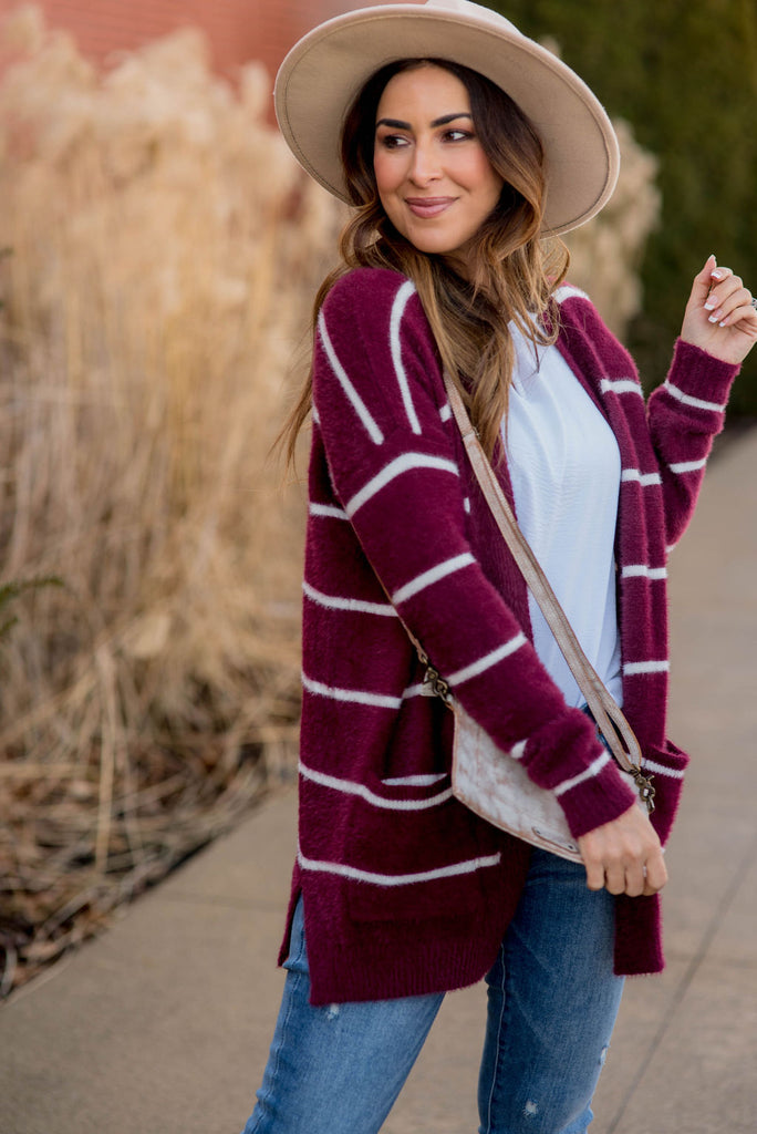 Striped Fuzzy Cardigan - Betsey's Boutique Shop - Coats & Jackets