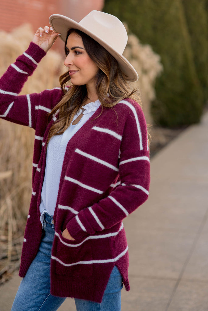 Striped Fuzzy Cardigan - Betsey's Boutique Shop - Coats & Jackets