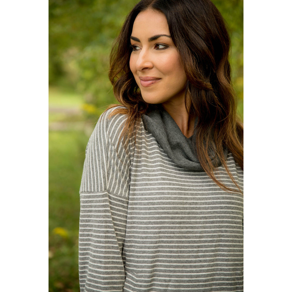 Solid Trimmed Striped Cowl Neck - Betsey's Boutique Shop