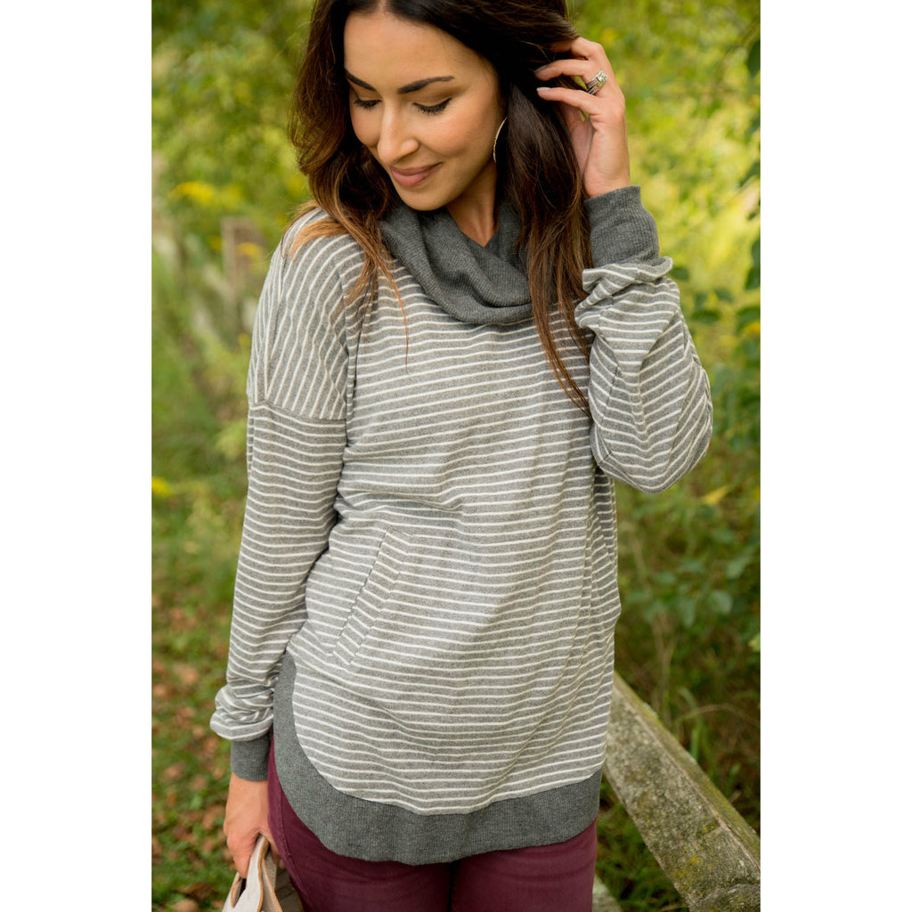 Solid Trimmed Striped Cowl Neck - Betsey's Boutique Shop