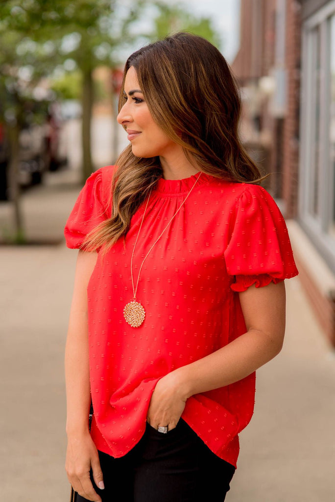 Swiss Dot Cinched Puff Sleeve Blouse - Betsey's Boutique Shop -