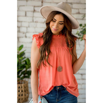 Smocked Cinch Neck Ruffle Shoulder Tank - Betsey's Boutique Shop