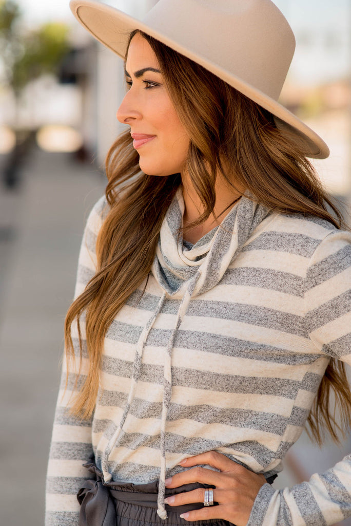 Heathered Striped Cowl Neck Sweatshirt - Betsey's Boutique Shop