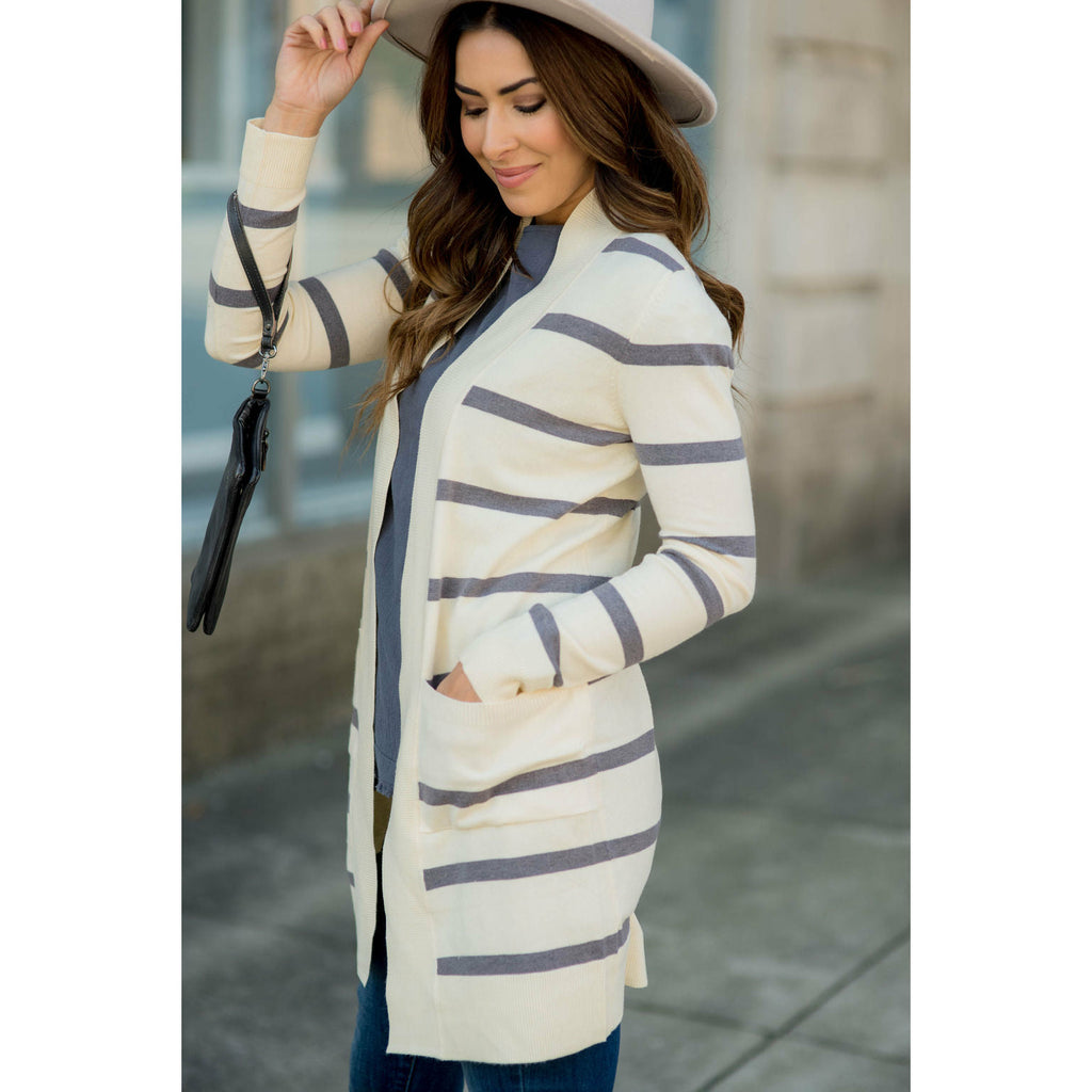 Striped Butter Soft Tunic Cardigan -Cream - Betsey's Boutique Shop