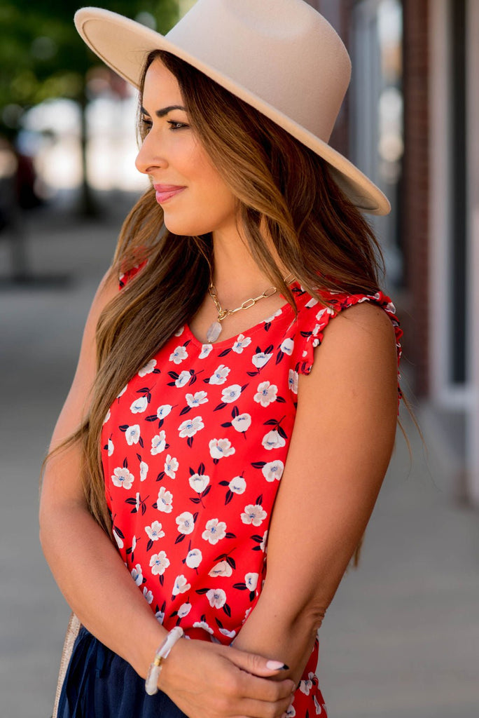 Floating Floral Ruffle Accent V Tank - Betsey's Boutique Shop