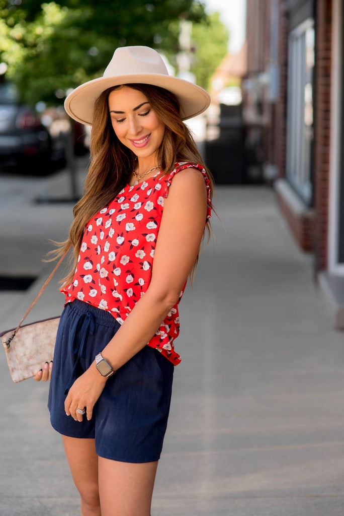 Floating Floral Ruffle Accent V Tank - Betsey's Boutique Shop