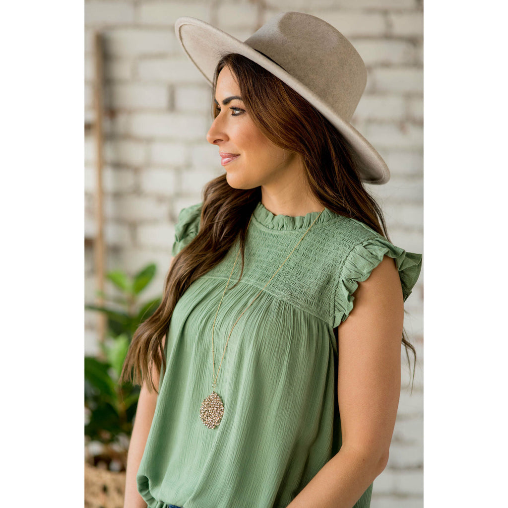 Smocked Cinch Neck Ruffle Shoulder Tank - Betsey's Boutique Shop