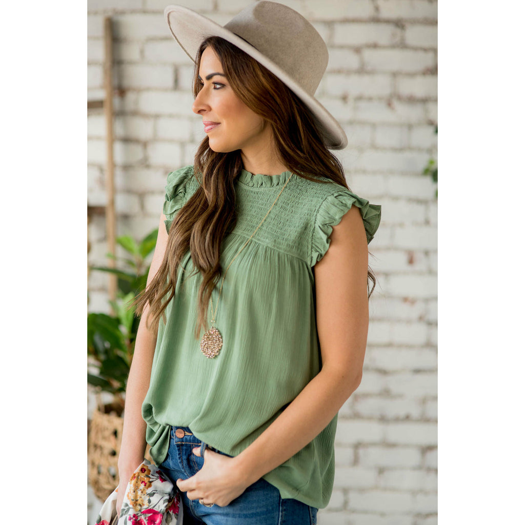 Smocked Cinch Neck Ruffle Shoulder Tank - Betsey's Boutique Shop