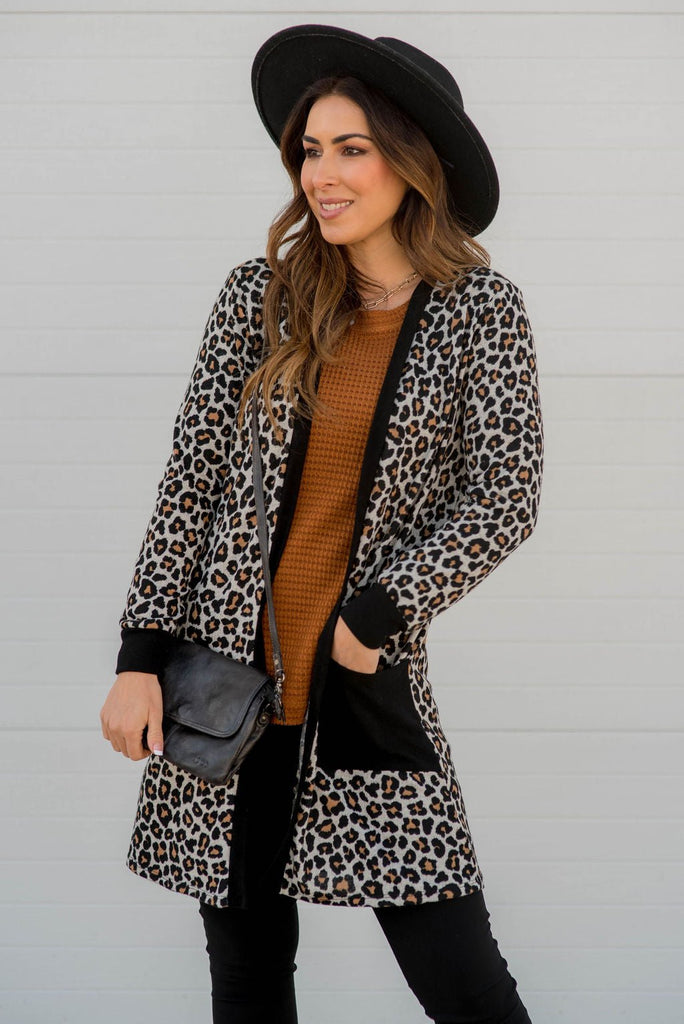 Mini Leopard Solid Trim Tunic Cardigan - Betsey's Boutique Shop