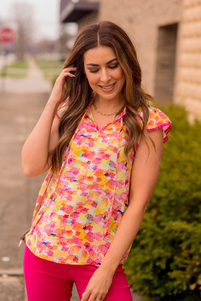 Watercolor Pom Accented Blouse - Betsey's Boutique Shop -