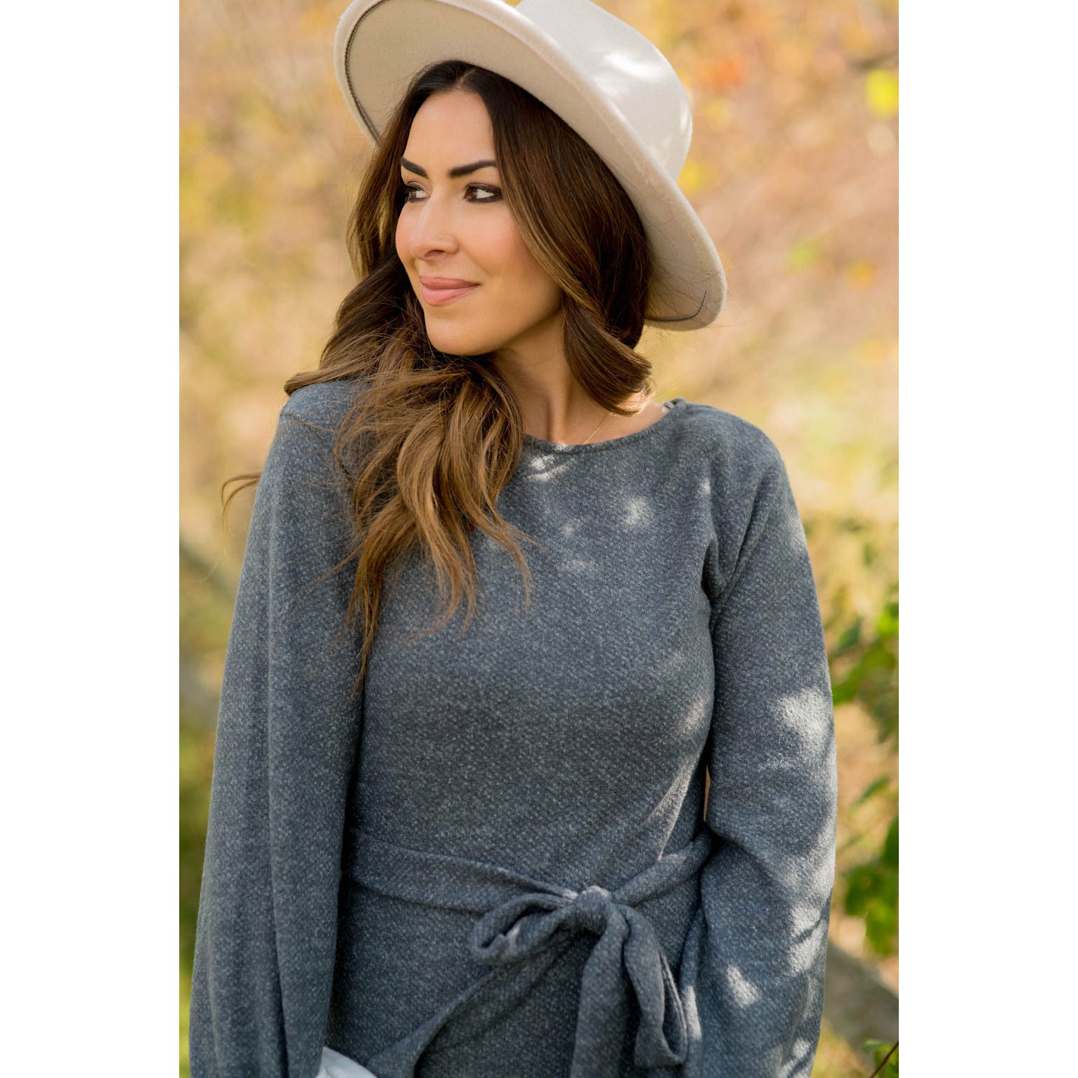 long sleeve front tie dress Sweater Charcoal / XL Color:Green-2 holidaycollectionssale Contrast Trim Cut Out tie drape detail at