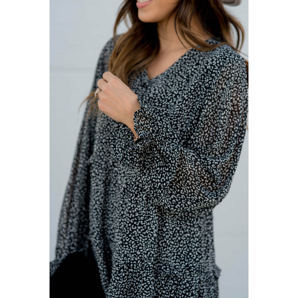 Cheetah Long Sleeve Button Dress - Betsey's Boutique Shop