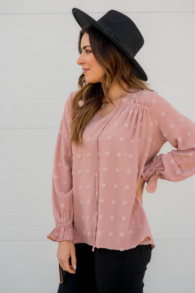 Textured Dot Drawstring Blouse - Betsey's Boutique Shop