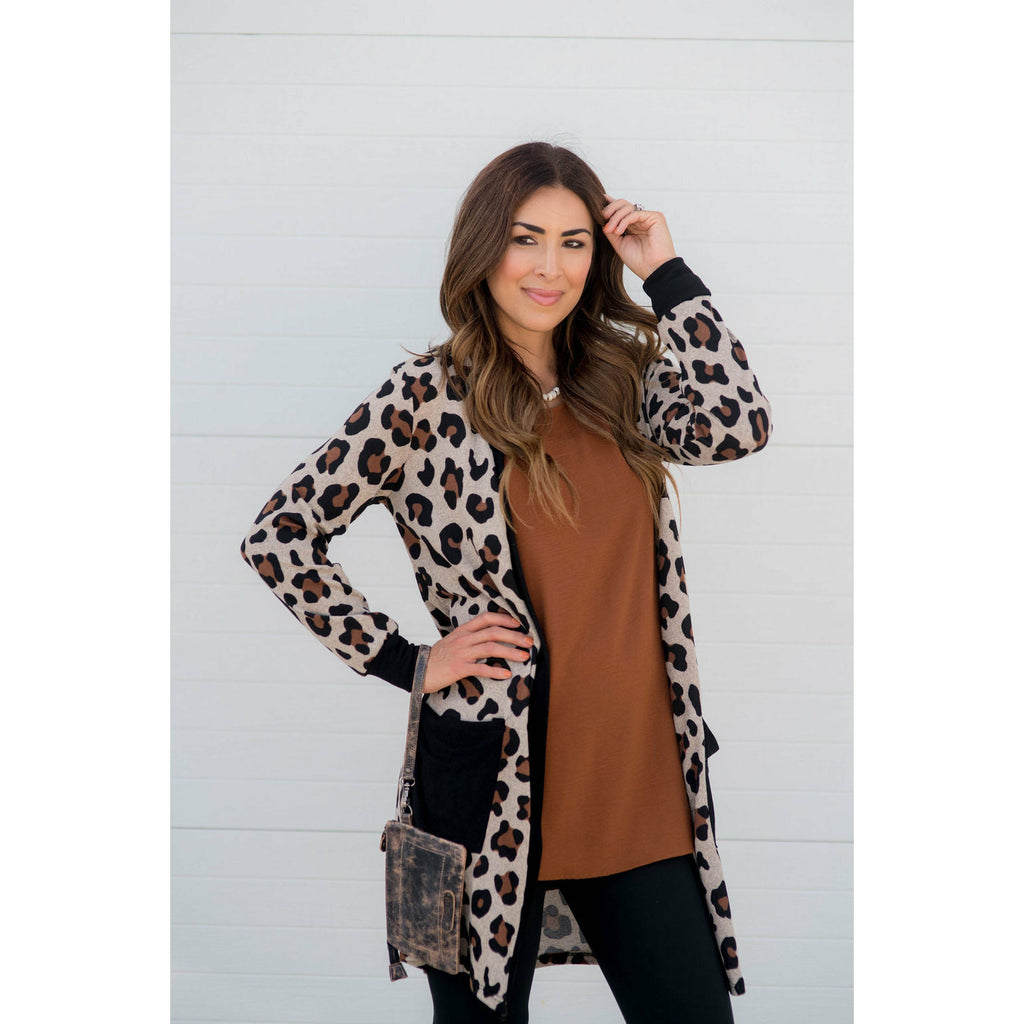 Leopard Solid Trim Tunic Cardigan - Betsey's Boutique Shop - Coats & Jackets