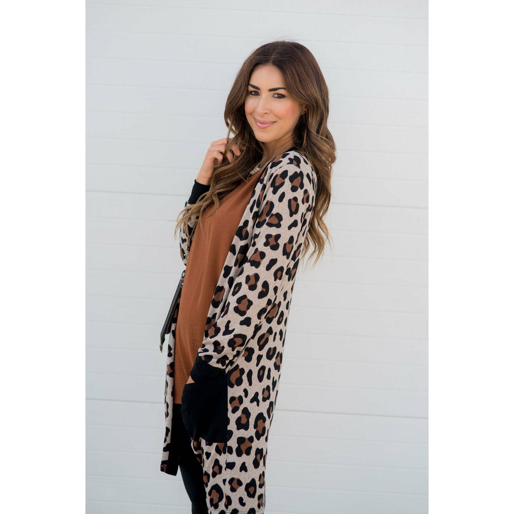 Leopard Solid Trim Tunic Cardigan - Betsey's Boutique Shop - Coats & Jackets