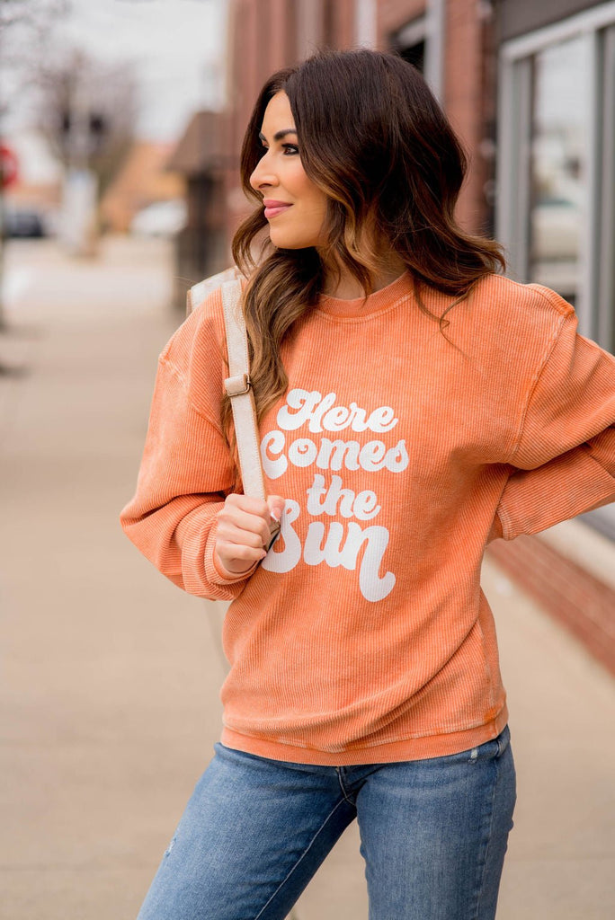 Here Comes The Sun Ribbed Graphic Crewneck - Betsey's Boutique Shop -