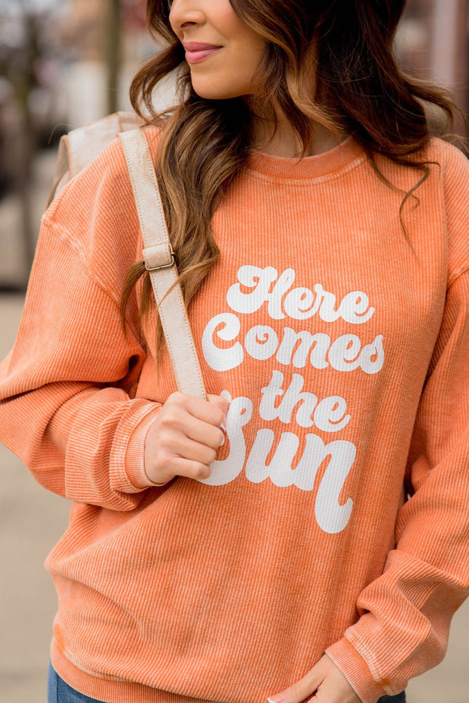 Here Comes The Sun Ribbed Graphic Crewneck - Betsey's Boutique Shop -