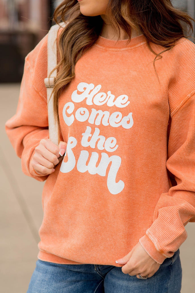 Here Comes The Sun Ribbed Graphic Crewneck - Betsey's Boutique Shop -