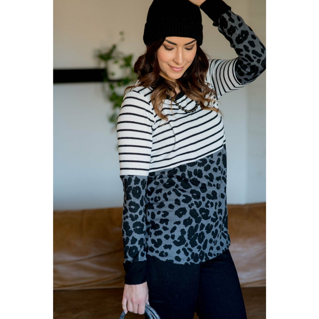 Stripe Top Cheetah Bottom Long Sleeve Tee - Grey - Betsey's Boutique Shop