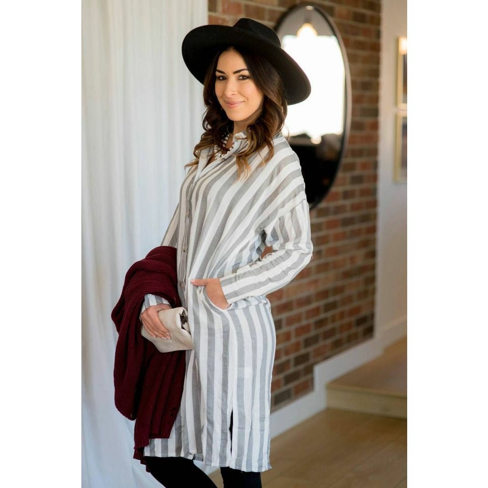 Vertical Striped Button Up Dress - Grey - Betsey's Boutique Shop