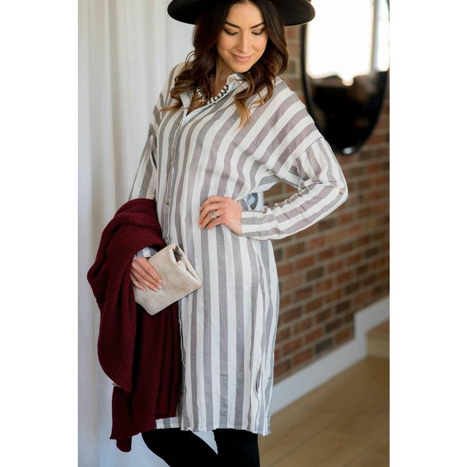 Vertical Striped Button Up Dress - Grey - Betsey's Boutique Shop