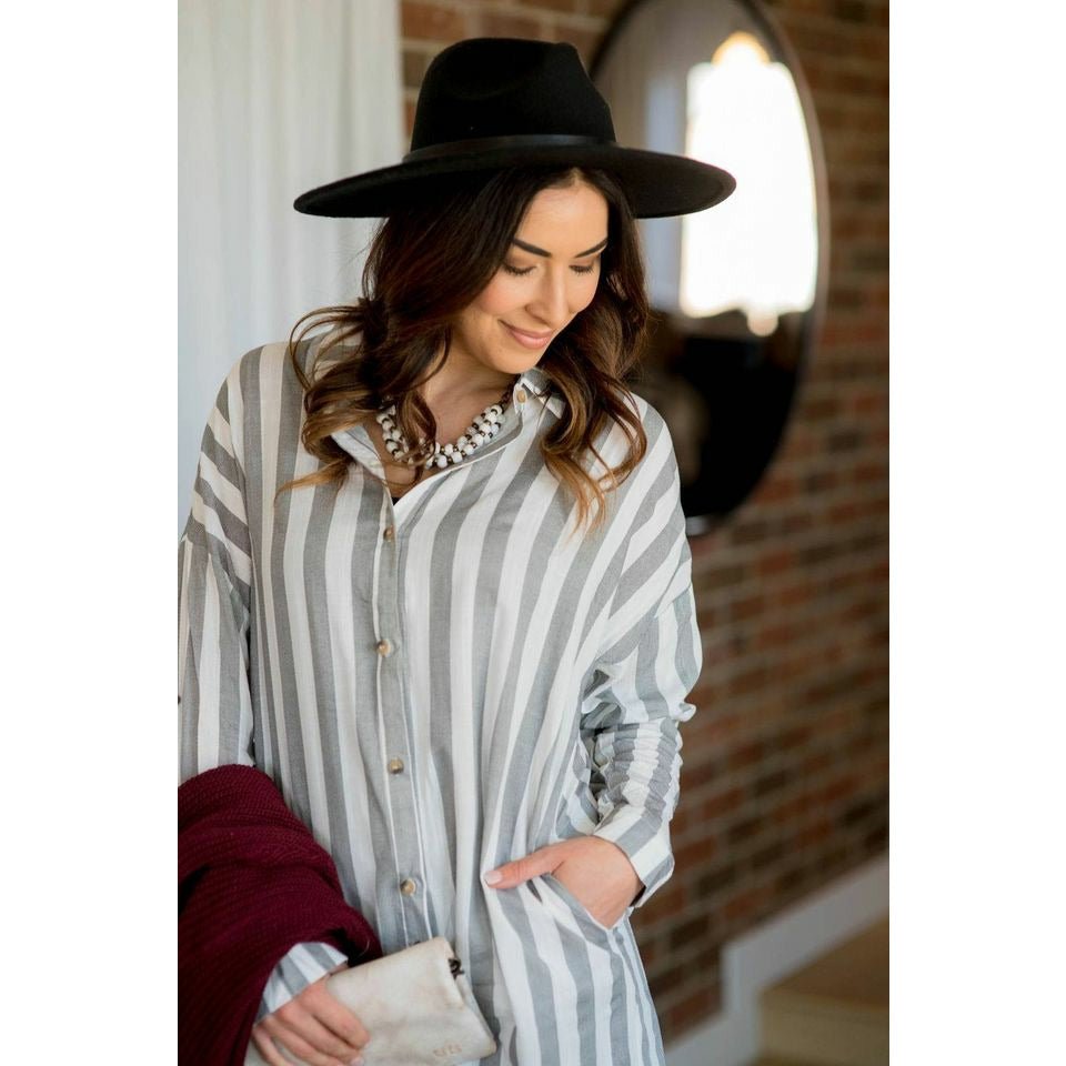 Vertical Striped Button Up Dress - Grey - Betsey's Boutique Shop