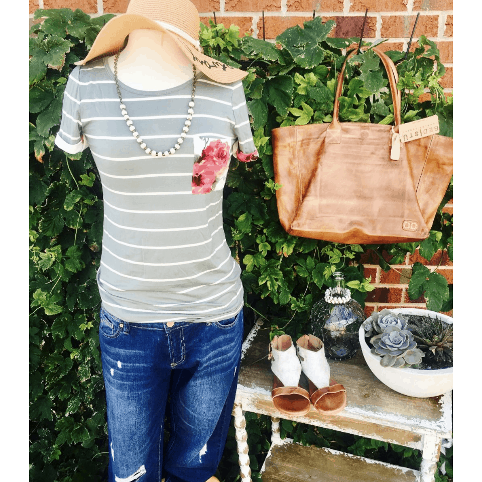 Striped Floral Pocket Short Sleeve Tee - Betsey's Boutique Shop