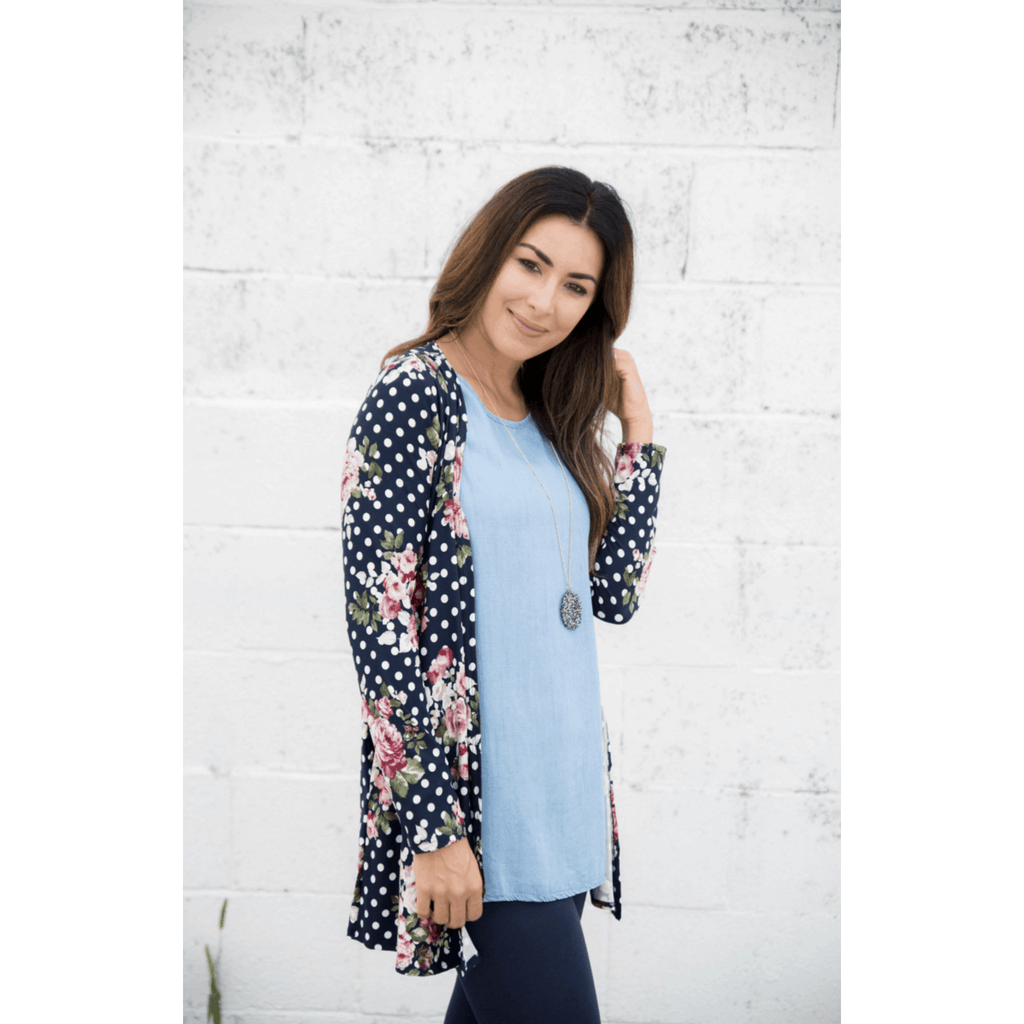 Navy Floral Polka Dot Cardigan - Betsey's Boutique Shop - Coats & Jackets