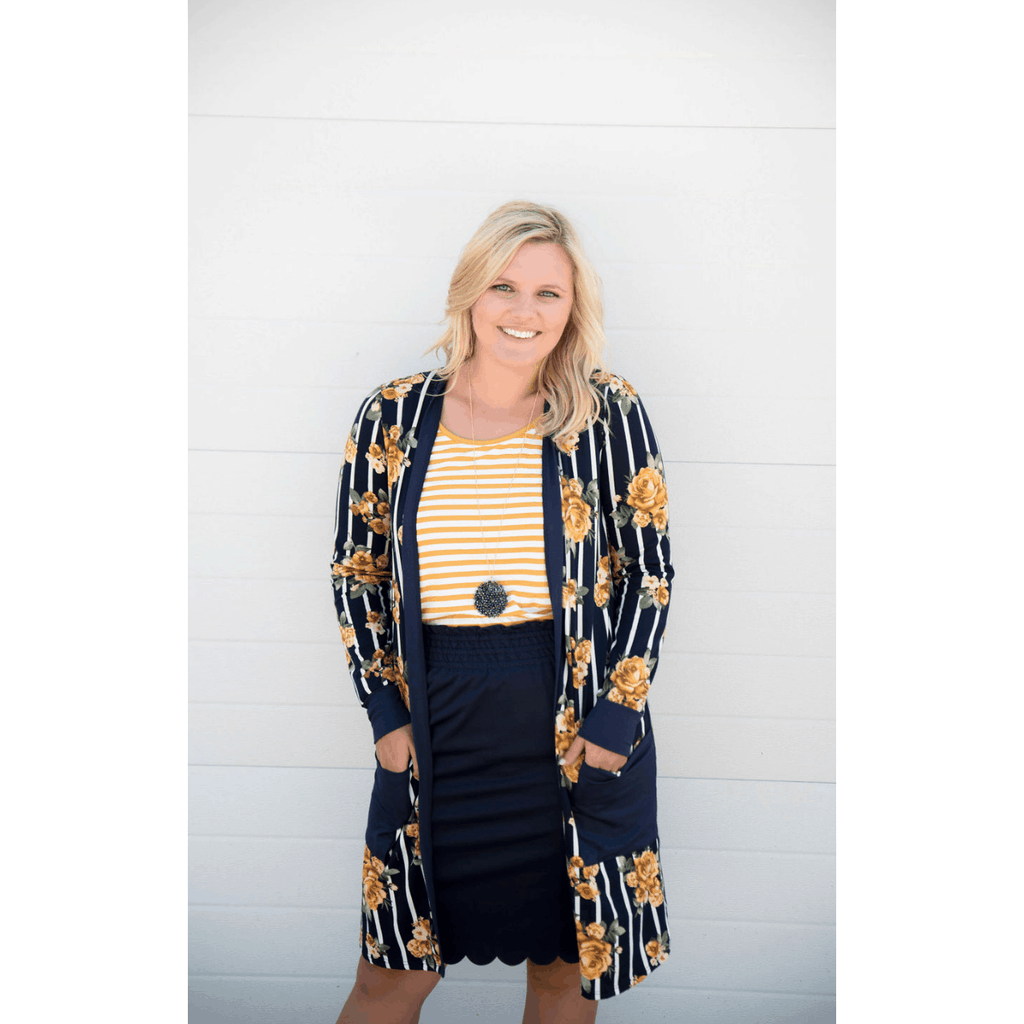 Mustard Floral Striped Tunic Cardigan - Betsey's Boutique Shop