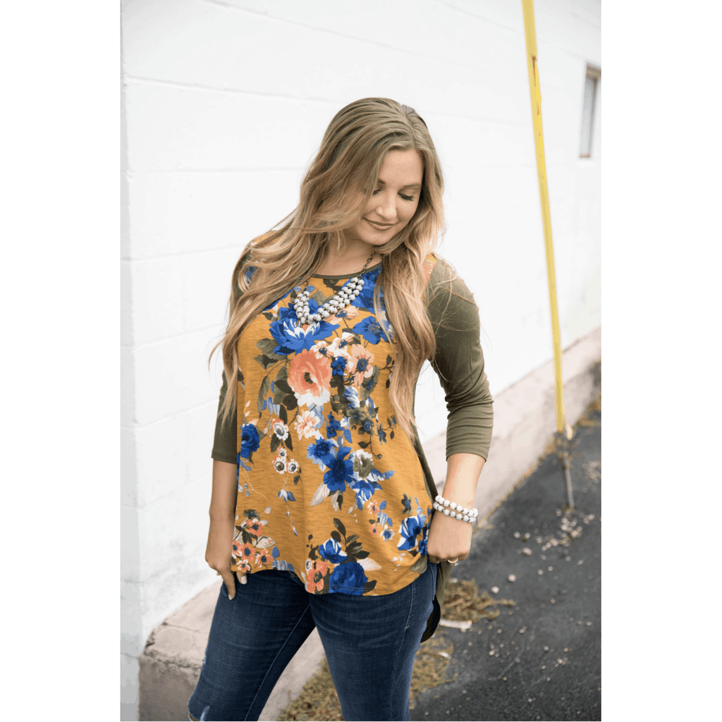 Mustard Floral Front Baseball Tee - Betsey's Boutique Shop