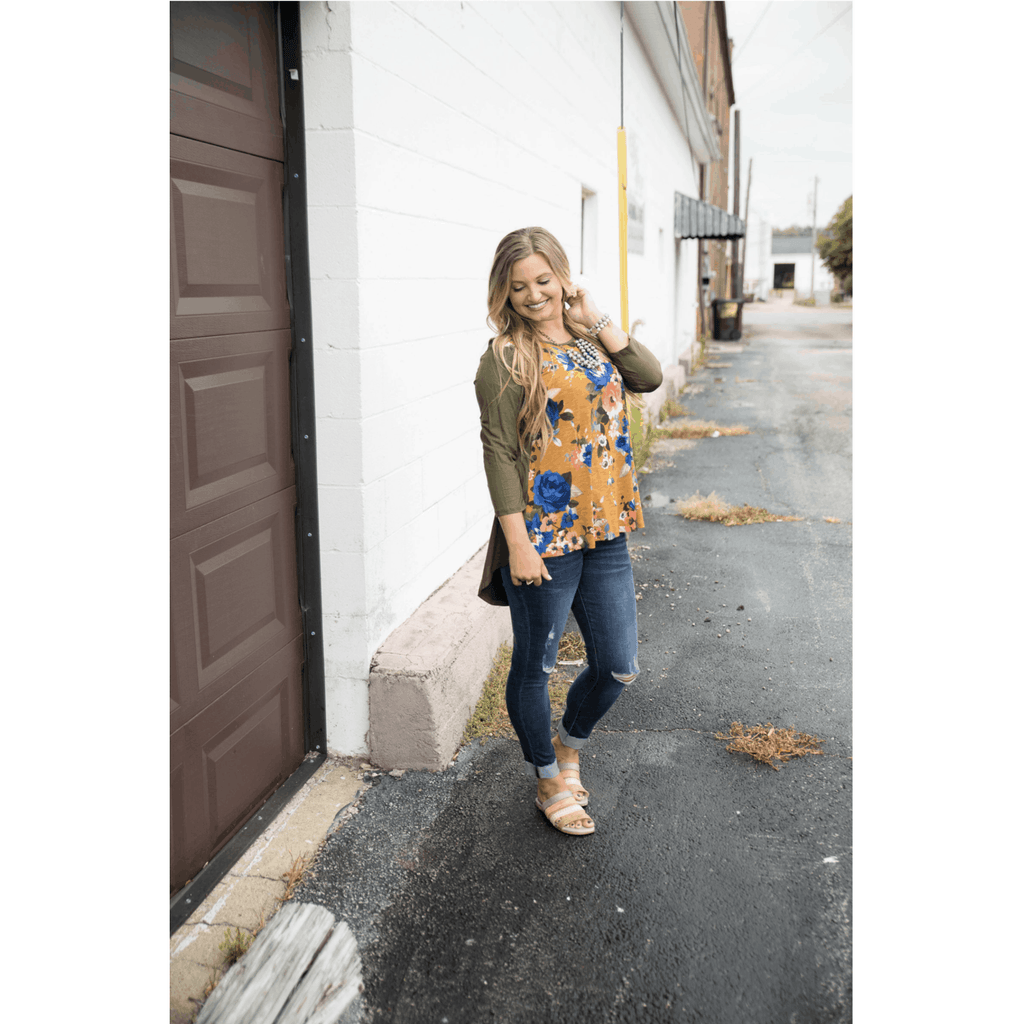 Mustard Floral Front Baseball Tee - Betsey's Boutique Shop