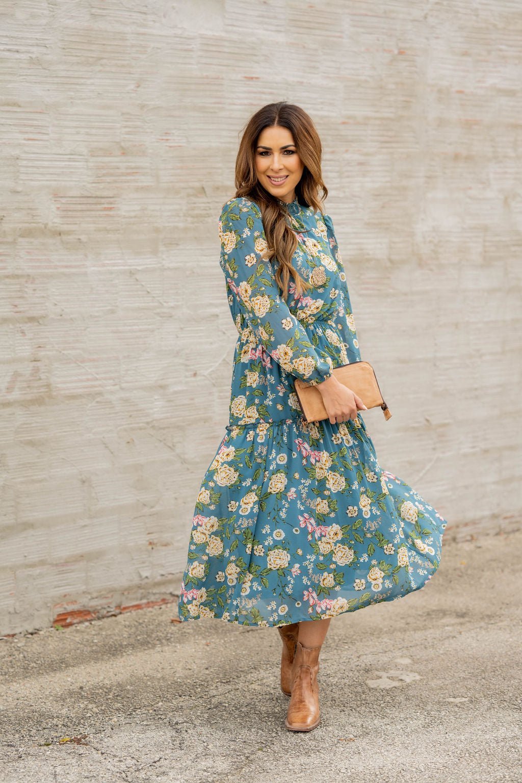 Blossoming Buds Long Sleeve Midi Dress Teal / XL