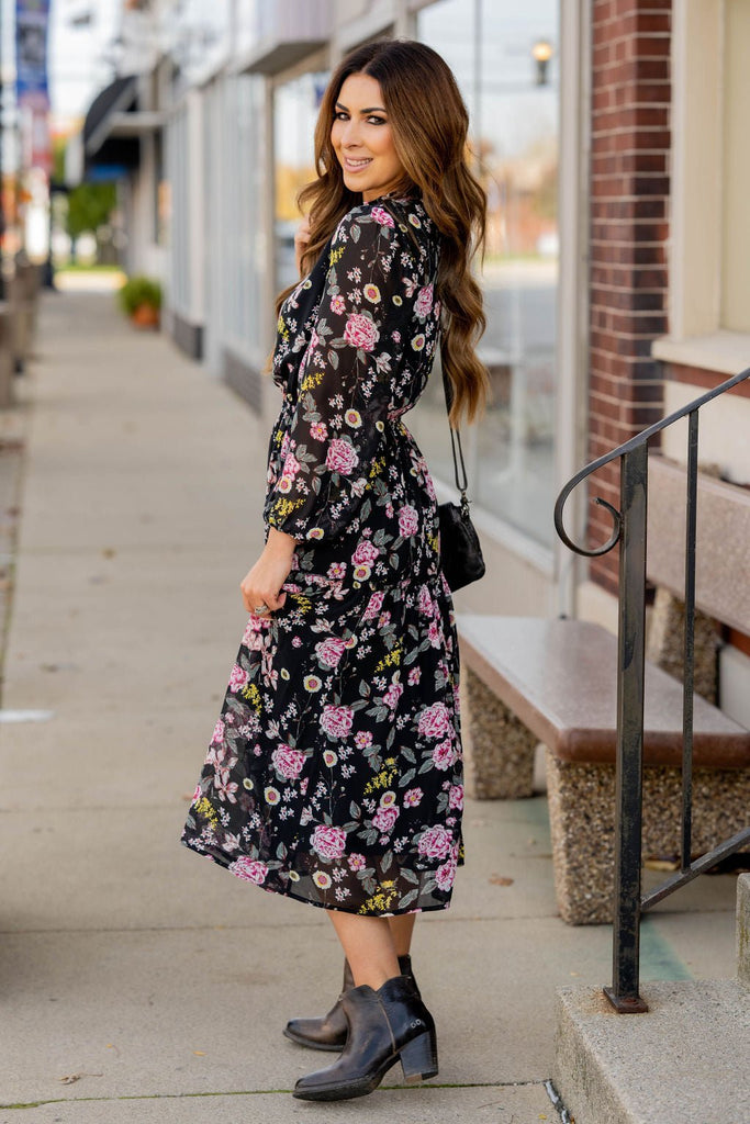 Blossoming Buds Long Sleeve Midi Dress - Betsey's Boutique Shop -