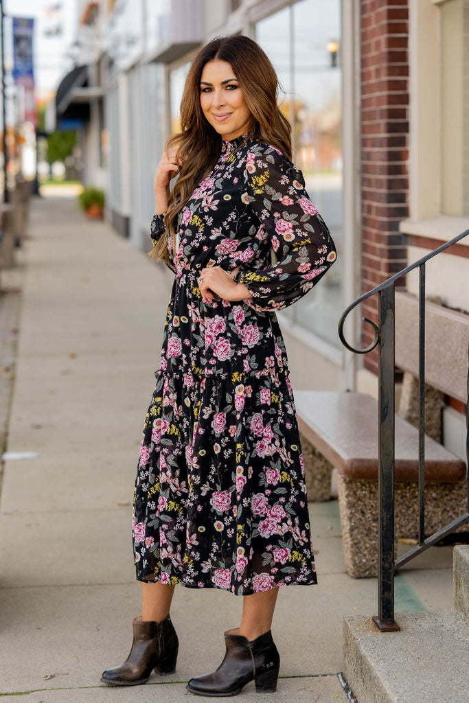 Blossoming Buds Long Sleeve Midi Dress - Betsey's Boutique Shop -