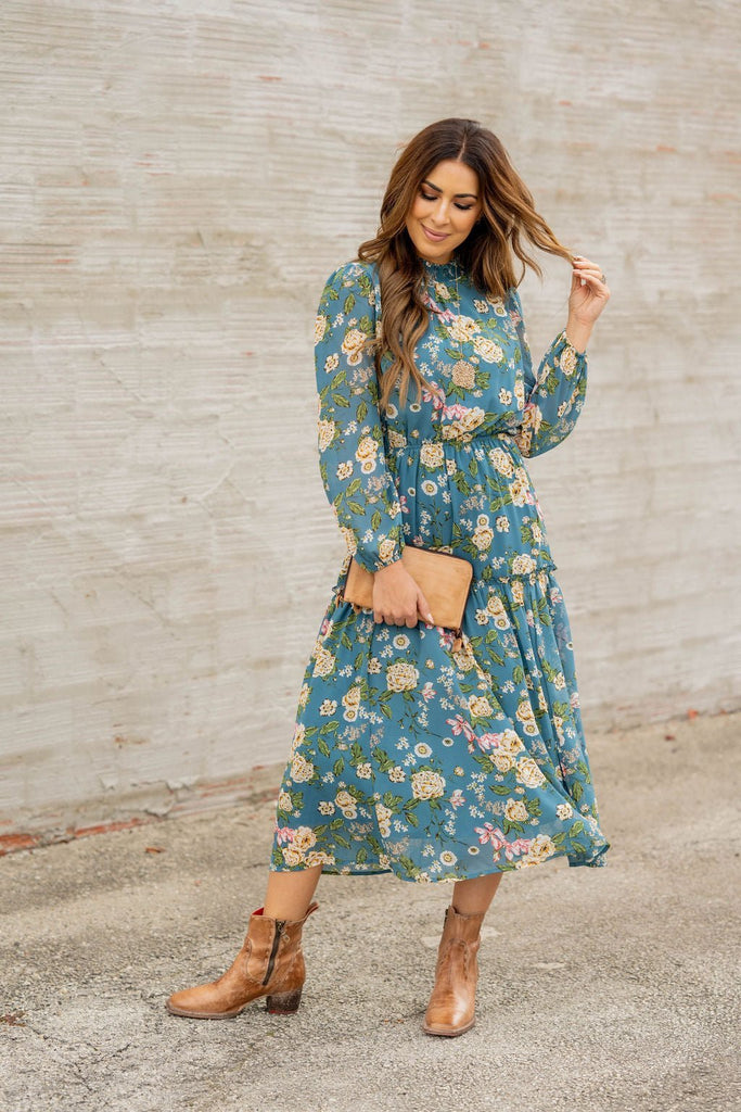 Blossoming Buds Long Sleeve Midi Dress - Betsey's Boutique Shop -