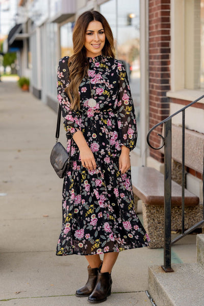 Blossoming Buds Long Sleeve Midi Dress Black / S